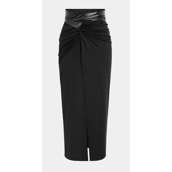 Micas Women's Medium Black Faux Leather Patchwork Ruched Tie Skirt - Picture 1 of 5